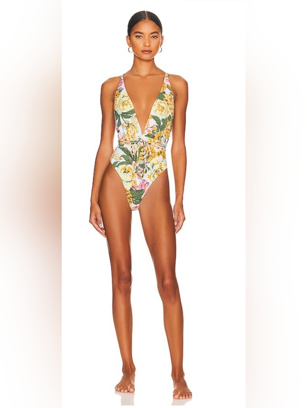 Maaji One Piece Swimsuit Medium Floral Plunge V Neck High Cut Back Tie Womens